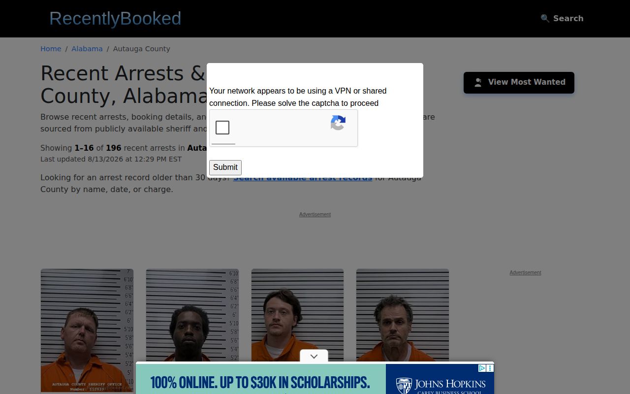 Unofficial RecentlyBooked Autauga County booking records landing page